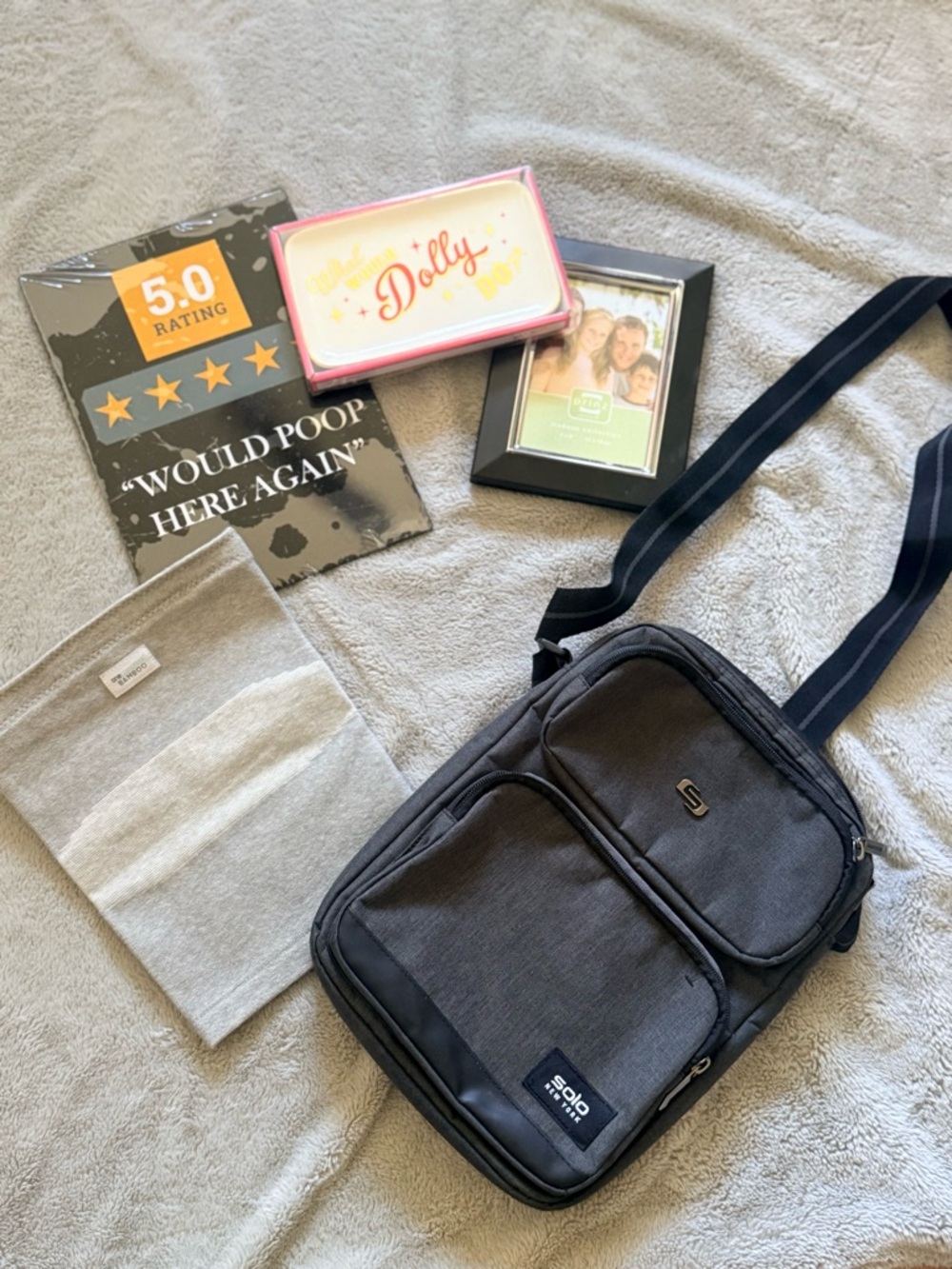solo Gray Compact Crossbody Organizer Bag with Navy Strap